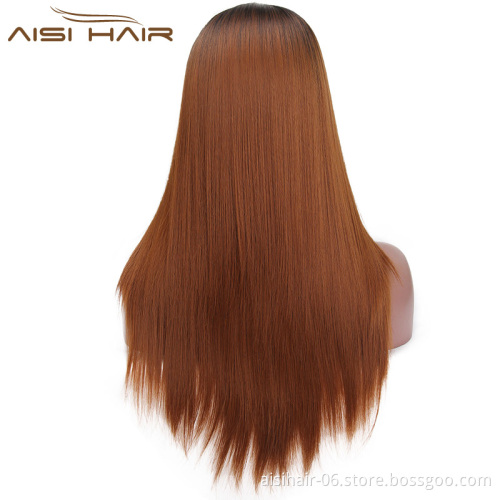 Aisi Hair Top Selling Long Silky Straight Wave Wigs For Black Women Ombre Brown Color Synthetic Fiber Wigs